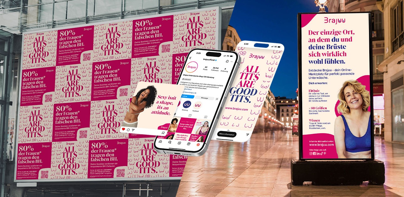 Auf dem Bild sieht man Plakatierung und Außenwerbung der Marke Brajuu. Daneben sieht man den Instagram-Feed und einzelne Beiträge der im beige, berryfarbenen Branding der Marke.